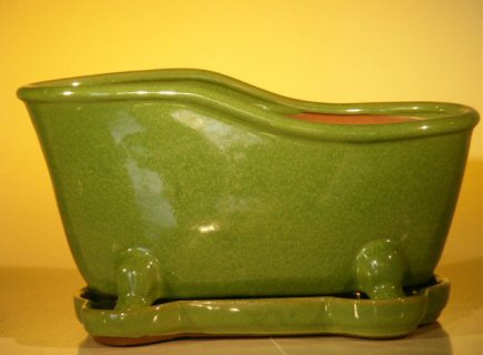 Green Ceramic Bonsai Pot With Matching Tray<br>Bathtub Shape<br><i>10.875 x 4.875 x 5.25</i>