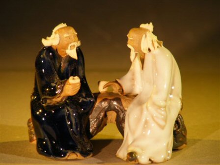 Miniature Glazed Figurine<br> Two Men Sitting on a bench in Fine Detail