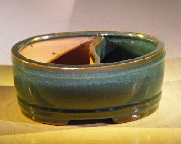 Blue/Green Ceramic Bonsai Pot - Oval &lt;br&gt;Land/Water Divider&lt;br&gt;&lt;i&gt;8.0 x 6.5 x 3.25&lt;/i&gt;