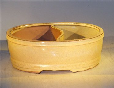 Beige Ceramic Bonsai Pot - Oval <br>Land/Water Divider<br><i>8.0 x 6.5 x 3.25</i>