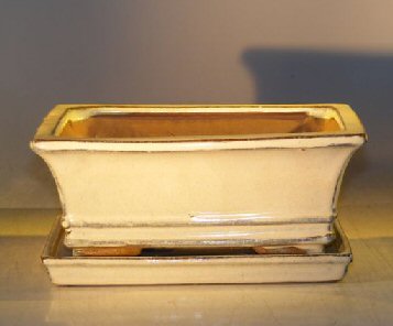 Beige Ceramic Bonsai Pot - Rectangle<br>With Attached Humidity/Drip tray<br><i>8.5 x 6.5 x 3.5</i>