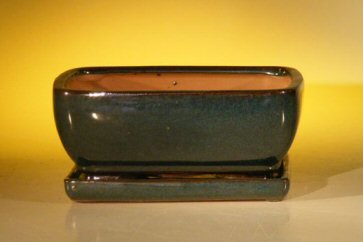 Dark Moss Green Ceramic Bonsai Pot - Rectangle <br>Professional Series with Attached Humidity/Drip tray <br><i>8.5 x 6.5 x 3.5</i>