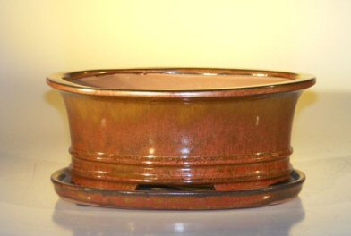 Aztec Orange Ceramic Bonsai Pot - Oval<br>Professional Series with Attached Humidity/Drip tray<br><i>10.75 x 8.5 x 4.125</i>