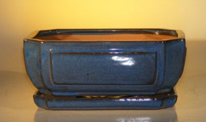 Blue Ceramic Bonsai Pot - Rectangle <br>Professional Series with Attached Humidity/Drip tray <br><i>10.75 x 8.5 x 4.125</i>