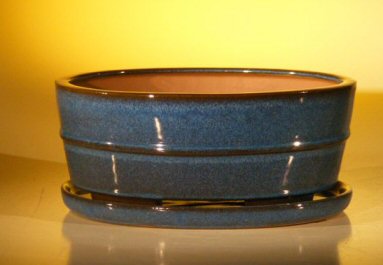 Blue Ceramic Bonsai Pot- Oval <br>Professional Series with Attached Humidity/Drip tray <br>10.0 x 7.5 x 4.5