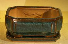 Dark Green Ceramic Bonsai Pot- Rectangle <br>Professional Series with Attached Humidity/Drip Tray <br>6.37 x 4.75 x 2.625