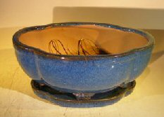 Blue Ceramic Bonsai Pot- Lotus Shape<br>Attached Humidity/Drip Tray<br>Professional Series<br>10.5 x 9.0 x 5.0