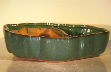 Blue/Green Ceramic Bonsai Pot with Scalloped Edges - Land/Water Divider <br> 9.5 x 7.5 x 2.25