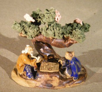 Miniature Ceramic Figurine<br> Two Men Sitting at a Table Under a Tree <br>Blue & Brown Color