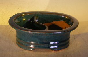 Dark Blue Ceramic Bonsai Pot - Oval<br>Land/Water Divider <br><i>8.0 x 6.0 x 3.0 OD<br>6.5 x 5.0 x 2.5 ID</i>