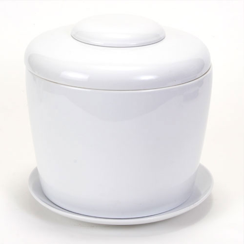White Porcelain Ceramic Bonsai Cremation Urn<br>with Matching Humidity / Drip Tray<br>Round, 9? high and 9? in diameter