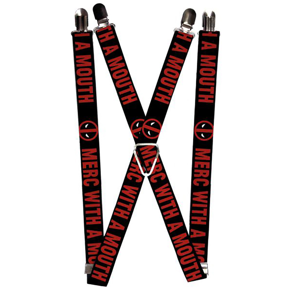 MARVEL DEADPOOL Suspenders - 1.0" - Deadpool Logo MERC WITH A MOUTH Black Red White