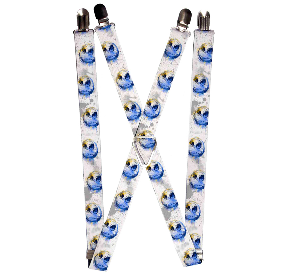 Suspenders - 1.0" - Nightmare Before Christmas Jack Expression11 Watercolor White Grays Blue