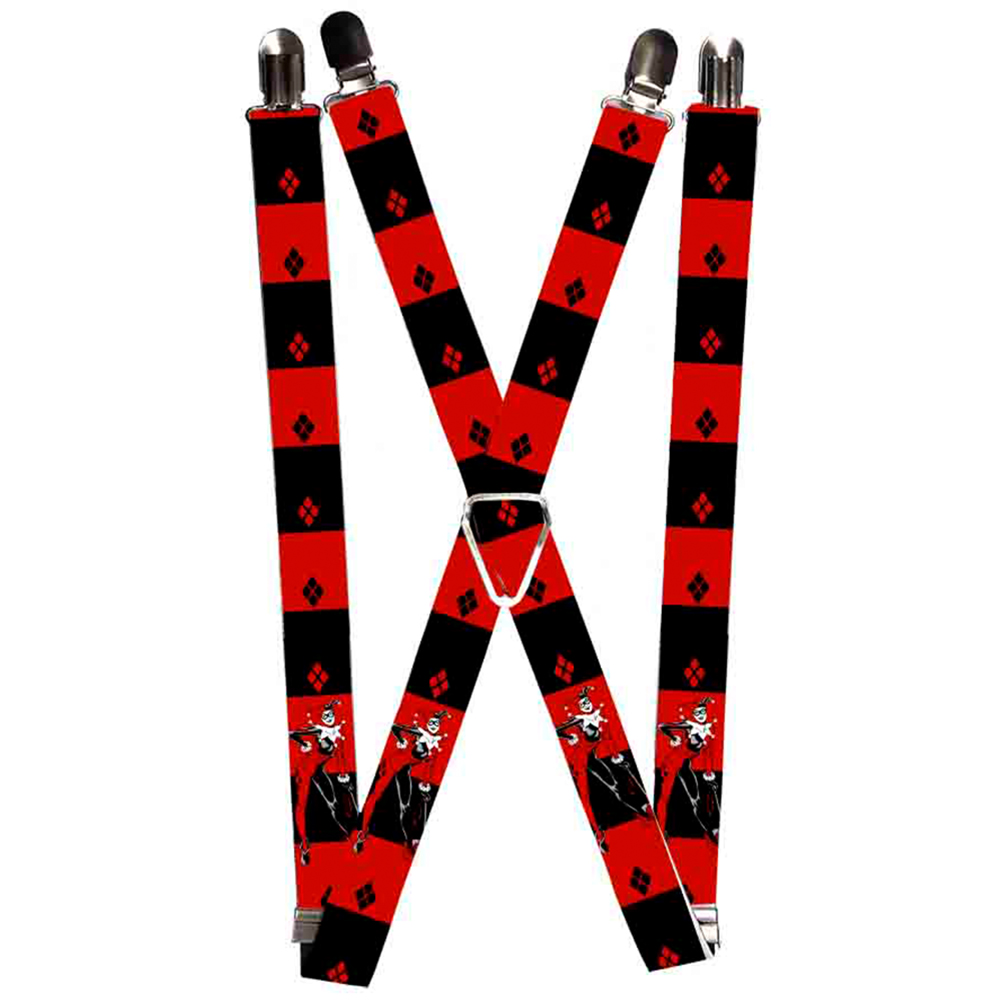 Suspenders - 1.0" - Harley Quin Standing Pose Diamonds Black Red