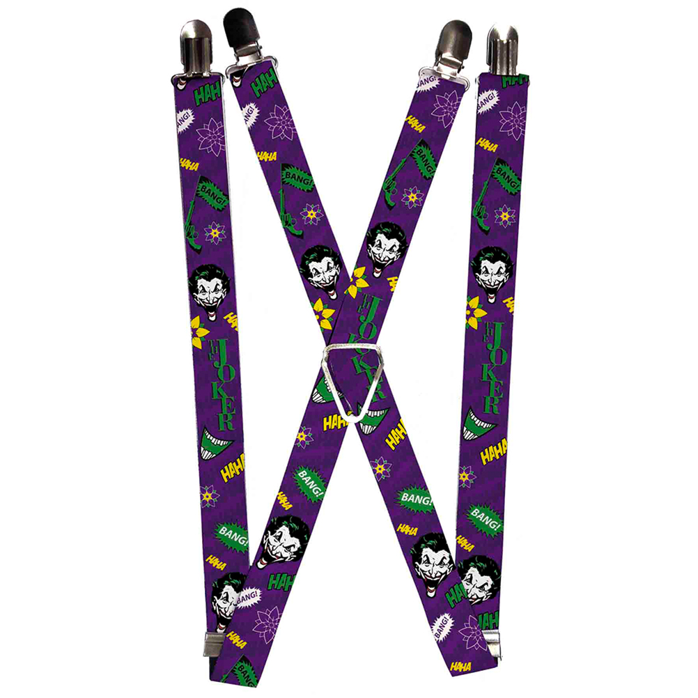 Suspenders - 1.0" - THE JOKER Face Elements Collage Purple Green Yellow White