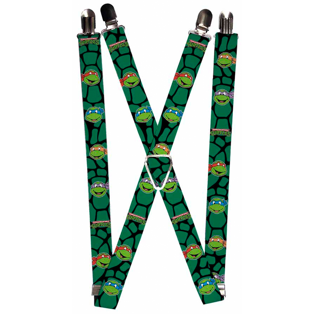 Suspenders - 1.0&quot; - Classic Teenage Mutant Ninja Turtles Turtle Faces Black Green Turtle Shell