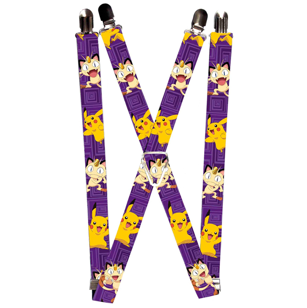 Suspenders - 1.0" - Pikachu & Meowth Poses Purple Squares