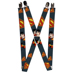 Suspenders - 1.0" - Superman Action Pose Scattered Shield Navy Gold Red