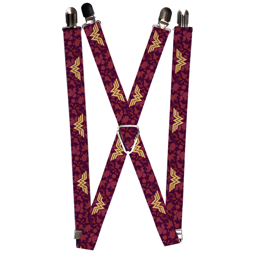 Suspenders - 1.0&quot; - Wonder Woman Logo Floral Collage Purple Pinks Gold