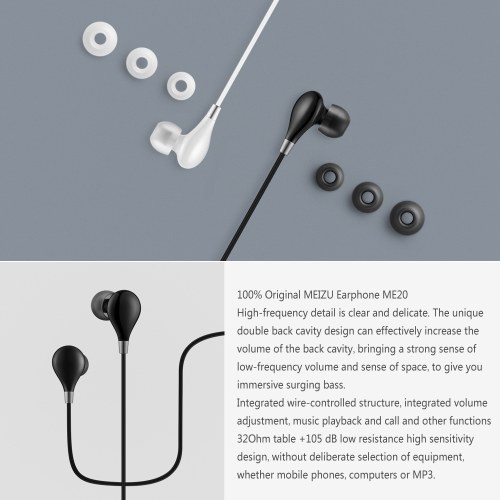 Meizu ME20 Earphone with Mic Stereo Sound In-ear On-cord Remote Control 3.5mm Earpiece Earbuds (Black)