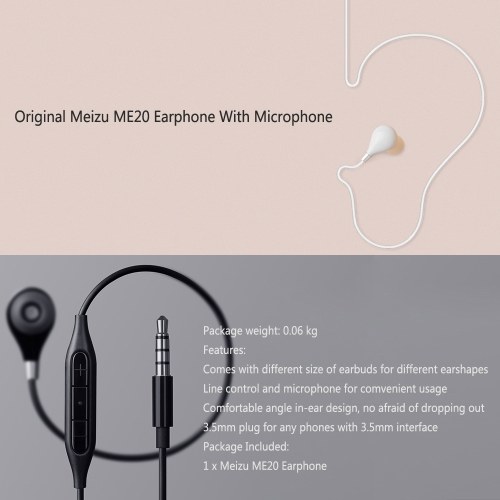 Meizu ME20 Earphone with Mic Stereo Sound In-ear On-cord Remote Control 3.5mm Earpiece Earbuds (White)