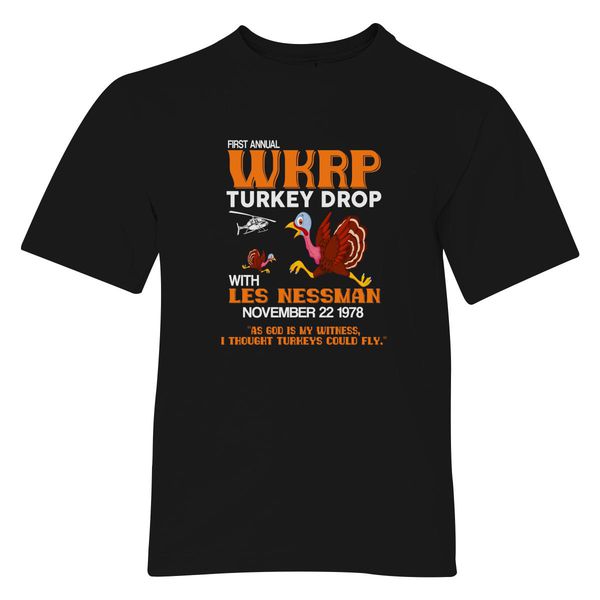 First Annual Wkrp Turkey Drop With Les-Nessman Youth T-Shirt Black / S