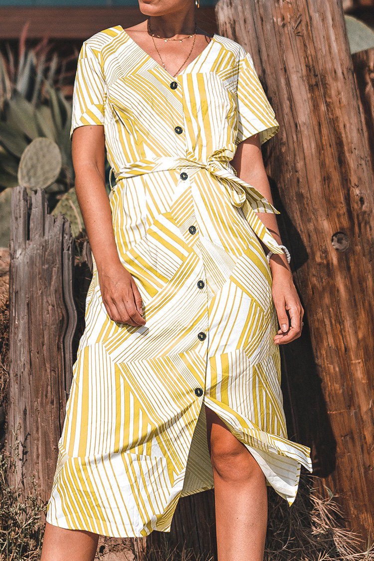 Yellow Geometric Stripe Midi Dress