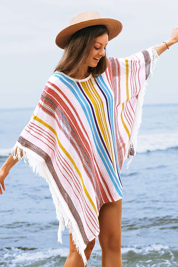 Colorful Vertical Stripes Square Cover Up with Tassels