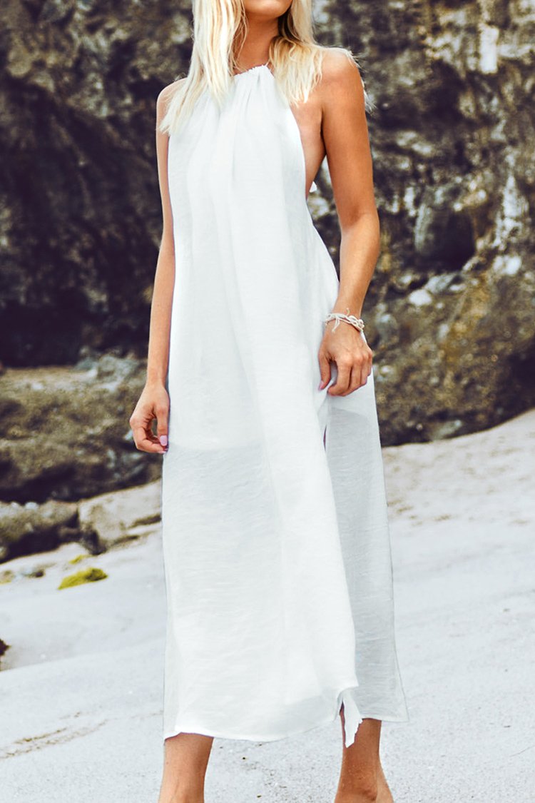 White Halter Backless Cover Up with Tassels
