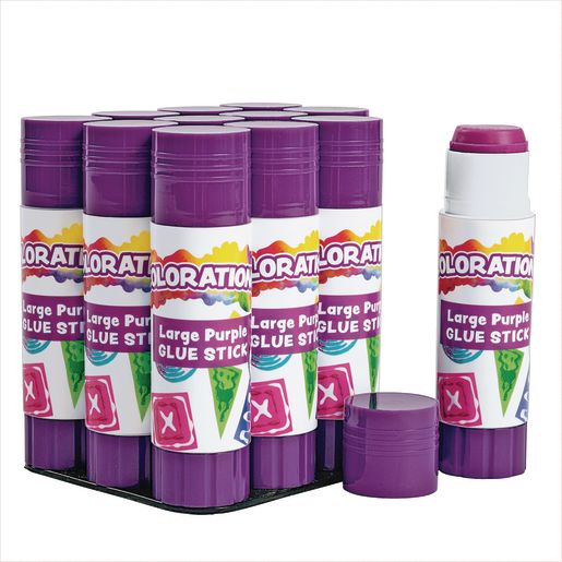 Colorations® Best-Value Washable Purple Glue Sticks, Large (.88 oz.) - Set of 12 in a tray