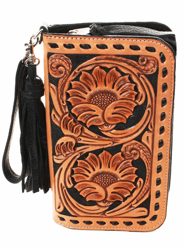 Double J Sunflower Tooled Leather Clutch Organizer