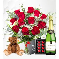 Valentine’s Roses Gift – 12 Red Roses with Bear, Balloon and Wine – Valentine’s Gifts – Valentine’s Gift Delivery