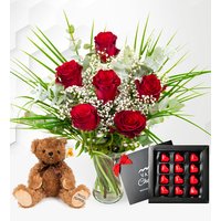 My Valentine Bundle - 6 Red Roses with Bear and Luxury Chocs - Valentine