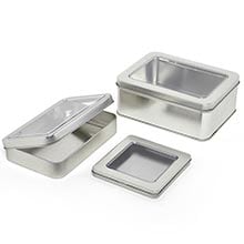 Metal Small Square Window Hinged Steel Tin Can - Quantity: 24 - Tins - Type: Small Square Width: 3 3/4 Height/Depth: 1/2 Length: 3 3/4