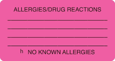 Allergy Warning Medical Labels, Allergies/Drug Reactions, Fluorescent Pink, 1-3/4x3-1/4", 500 Lbls