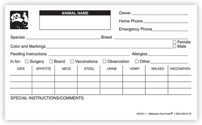 Medical Arts Press(r) Vet Cage Card; Includes Categories for Post-surgical and Boarding Care, 3x5"