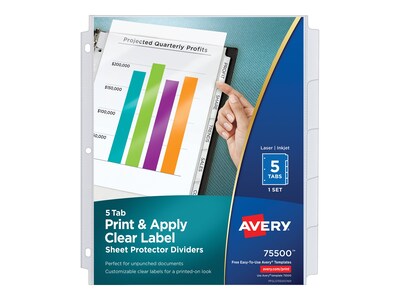 Avery Index Maker Sheet Protector Plastic Dividers, 5-Tab, Clear, Set (75500)