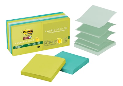 Post-it(r) Recycled Super Sticky Pop-up Notes, 3" x 3", Bora Bora Collection, 10/Pads (R330-10SST)