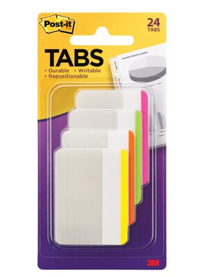 Post-it(r) Durable Filing Tabs, 2&quot; Wide, Assorted Colors, 24 Tabs/Pack (686F1BB)