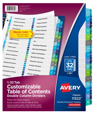 Avery Ready Index Double-Column Paper 32 Tab Dividers, Assorted, Set (11322)