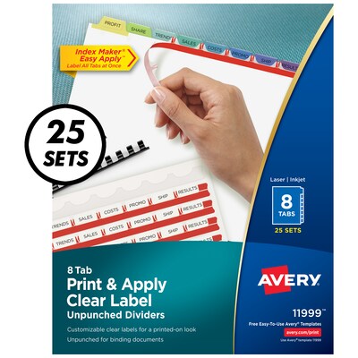 Avery Print & Apply Clear Label Unpunched Dividers, Index Maker Easy Apply Printable Label Strip, 8 Pastel Tabs, 25 Sets (11999)