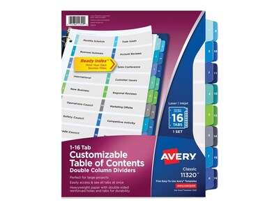 Avery Ready Index Double-Column Numeric Paper Dividers, 16-Tab, Multicolor (11320)
