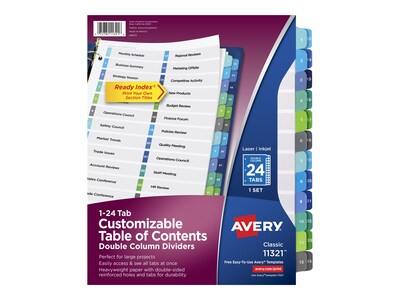 Avery Ready Index Numeric Paper Dividers, 24-Tab, Assorted Colors, Set (11321)