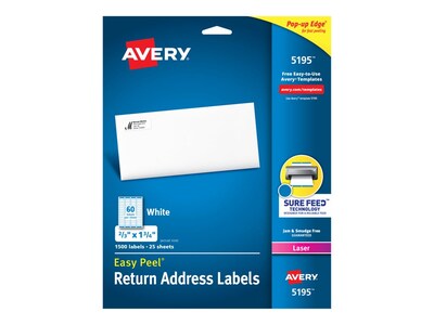 Avery Easy Peel Laser Address Labels, 2/3" x 1 3/4", White, 60/Sheet, 25 Sheets/Pack (5195)
