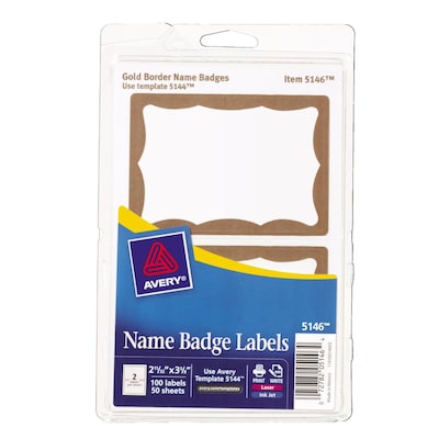 Avery(r) Print or Write Name Tags, Gold Border, 2-11/32" x 3-3/8", 100/Pack