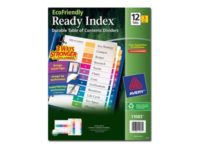 Avery Ready Index Pre-Printed Paper Dividers, 12-Tab, Multicolor, 3/Pack (11083)