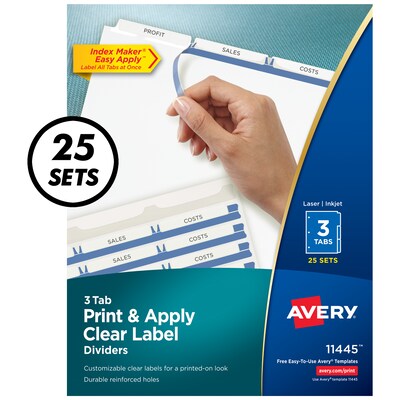 Avery(r) Index Maker Label Dividers, 3-Tab, Clear, 25/Box (11445)