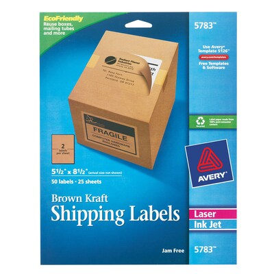 Avery(r) 5783 Brown Kraft Inkjet/Laser Shipping Labels, 5-1/2" x 8-1/2", 50/Box