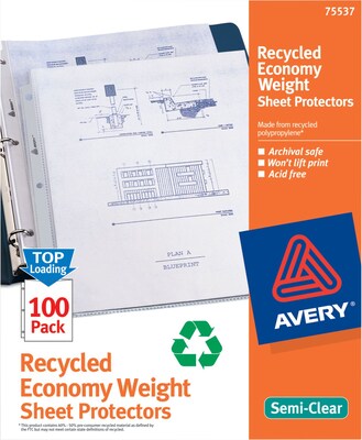Avery(r) Recycled Sheet Protectors, Economy Weight Non-Stick Polypropylene, 100/Box, Semi-Clear