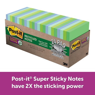 Post-it(r) Recycled Super Sticky Notes, 3" x 3", Bora Bora Collection, 24/Pads (654-24SST-CP)